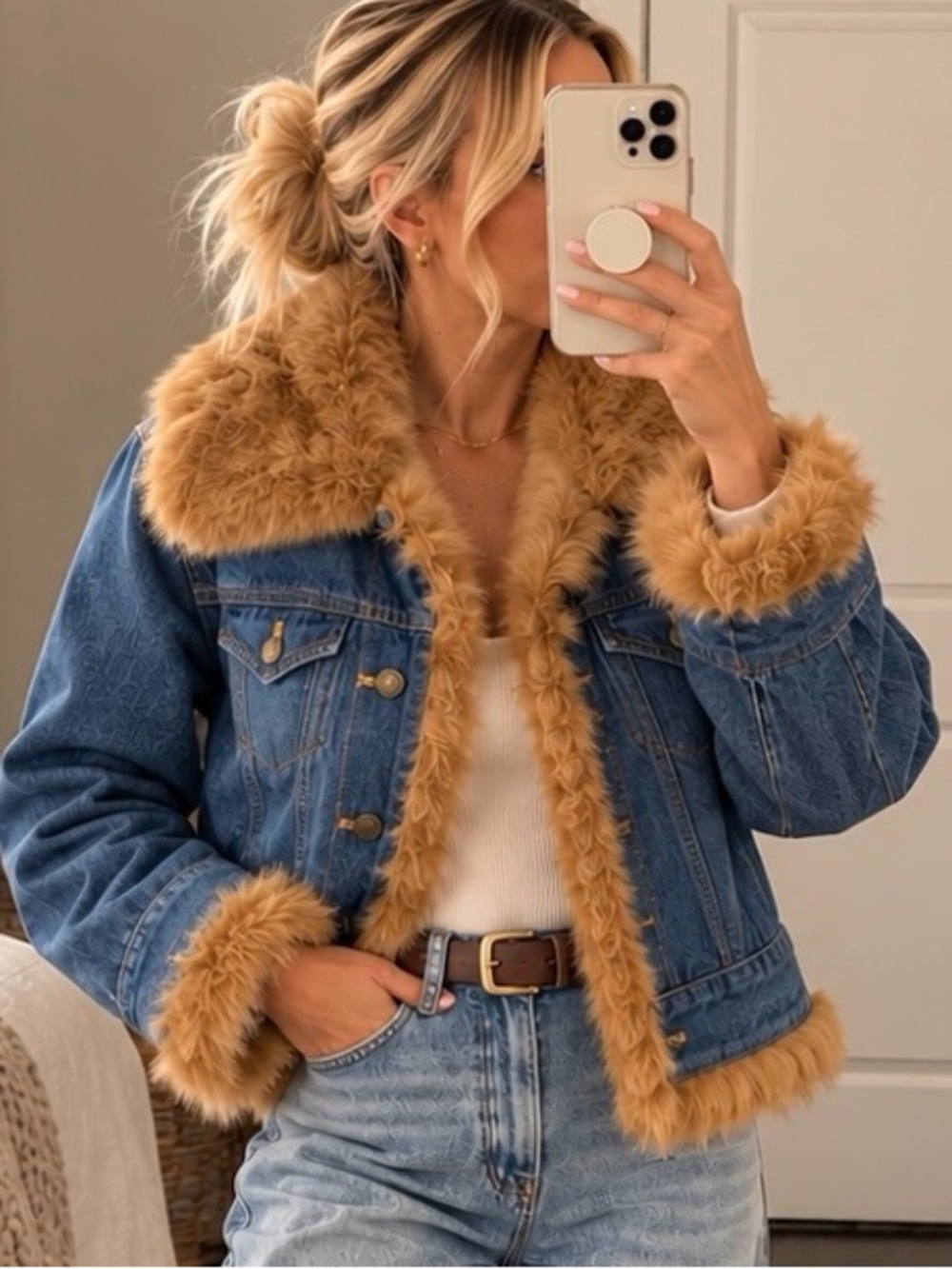 Adrienne Landau Denim Real Fur Trim Jacket S Y2K Western Ranch